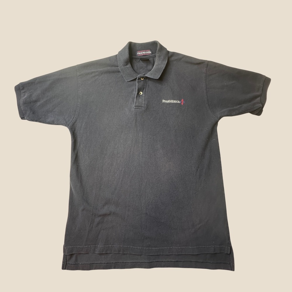 Vintage Fruit of the Loom‎ Polo Shirt Mens L Blue Logo Pique Cotton Short Sleeve